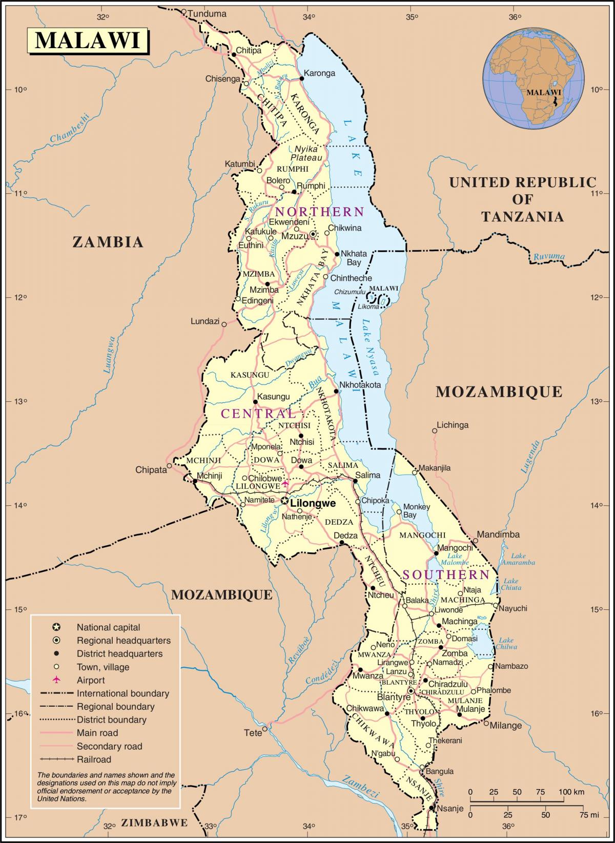 карта Малаві з выявай дарог