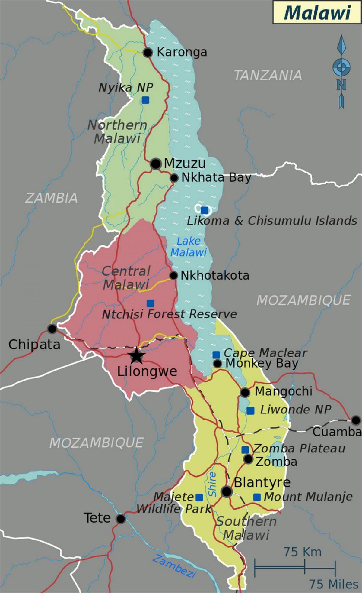 карта возера Малаві ў Афрыцы