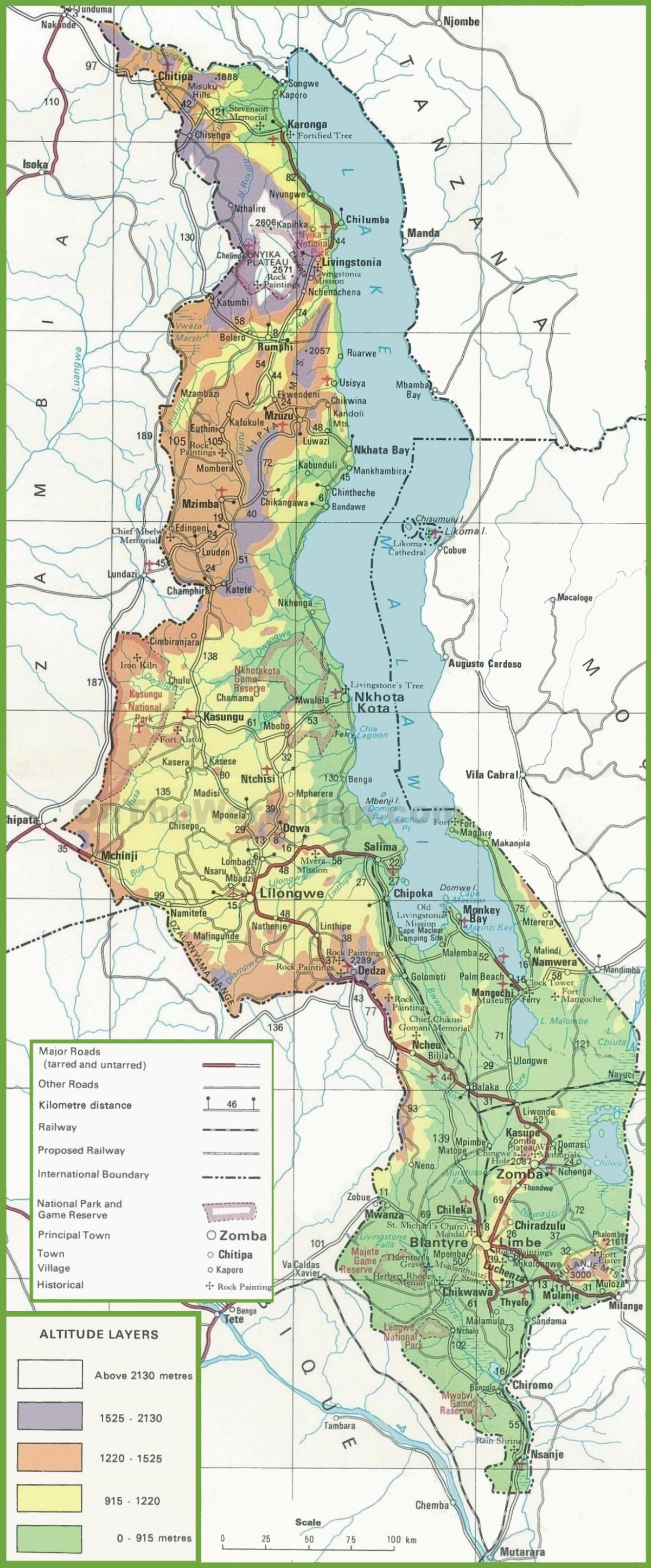 карта фізічная карта Малаві
